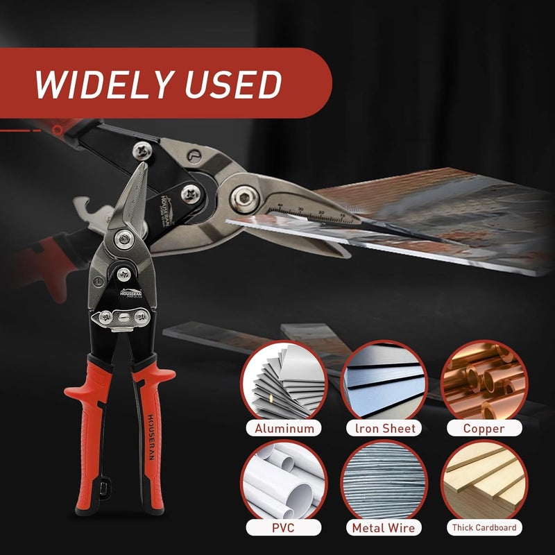 HOUSERAN 10 Inch Aviation Snips, Left Cut Offset Tin Snip, Heavy Duty CR-MO Tin Cutters with Double Lever, Scale Markings & Safety Lock, Sheet Metal Snips, Shears Scissors for Cutting Metal Sheet - Image 5